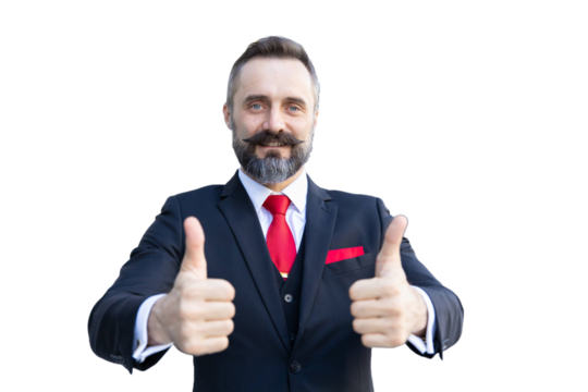 portrait business or lawyer beard style male standing confident in gentle man suit thumbs up happy smiling isolated on clear png background - Powered by Adobe