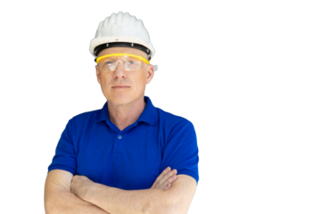 american caucasian adult engineer technician handy man male standing arm cross happy smiling isolated