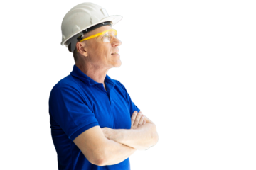 american caucasian adult engineer technician handy man male standing arm cross happy smiling isolated