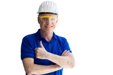 american caucasian adult engineer technician handy man male standing arm cross happy smiling isolated