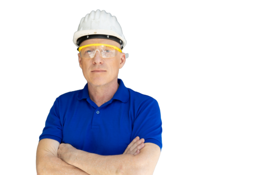 american caucasian adult engineer technician handy man male standing arm cross happy smiling isolated