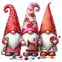 Three cute gnomes stand in a row holding a sewing machine. and sewing equipment transparent background - obrazy, fototapety, plakaty