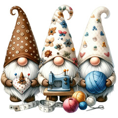 Three cute gnomes stand in a row holding a sewing machine. and sewing equipment transparent background