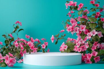 Fototapeta na wymiar Vibrant pink flowers with green leaves on pastel turquoise background, with empty white round podium for product display, suitable for spring themes or cosmetic marketing