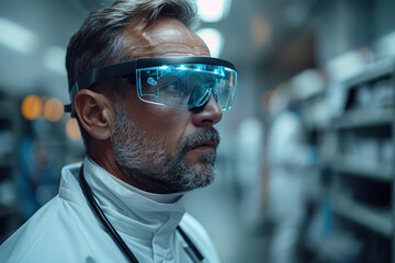 Fototapeta na wymiar Caucasian man doctor with stethoscope in 3D virtual glasses in modern hospital
