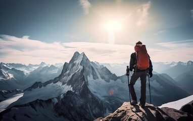 Dressed orange jacket male backpacker enjoying the view and have mountain walk. Tourist with a...