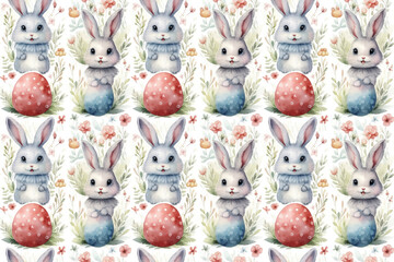 Seamless Easter pattern with bunnies; flowers and colored eggs