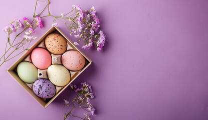 colorful easter eggs in a box with some spring flower