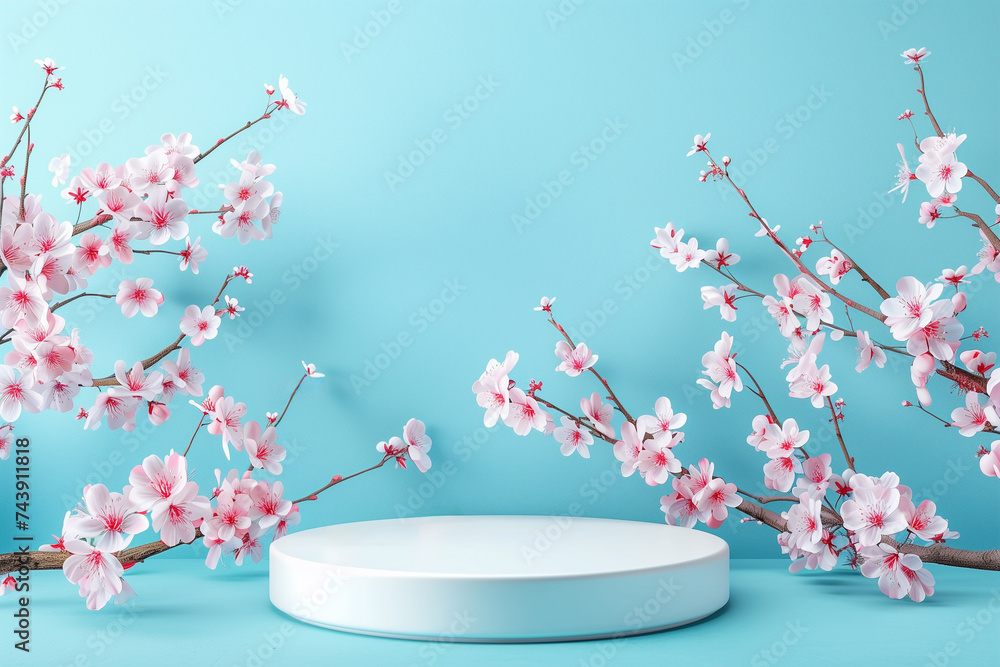 Poster elegant cherry blossoms over a 3d white podium with a serene blue background, ideal for spring-theme