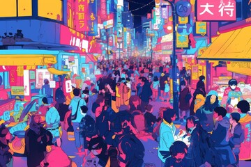 Fototapeta na wymiar japanese city crowd neon