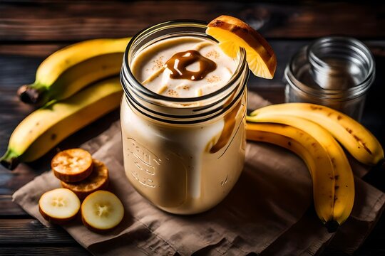 a caramel banana milkshake in a rustic mason jar, garnished with banana slices and caramel drizzle, offering a delightful combination of flavors for a summer treat.