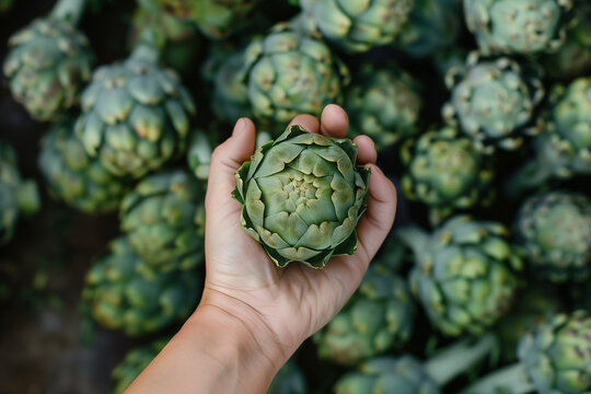 Hand holding a fresh globe artichoke with blurred artichokes in the background, depicting organic produce or healthy eating concepts with copy space