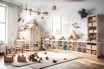 A minimalist playroom with organized toy storage, a soft play mat, and a few tasteful decorations