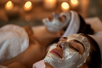Fototapeta na wymiar Two girls lying with face pack in a spa salon