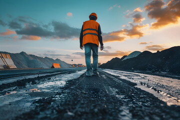 Construction worker standing on fresh asphalt on the road