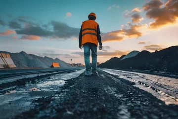 Poster Construction worker standing on fresh asphalt on the road © dobok