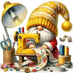 A cute gnome wearing a yellow hat is sewing. Transparent background. - obrazy, fototapety, plakaty