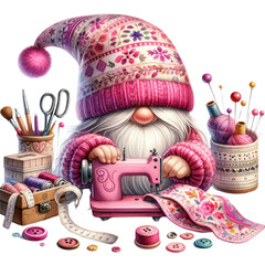 Cute gnome wearing a pink hat is sewing. Transparent background. - obrazy, fototapety, plakaty