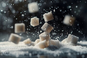 Sugar cubes flying and falling with a minimalistic background - obrazy, fototapety, plakaty
