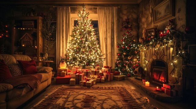 A cozy living room adorned with twinkling lights and a beautifully decorated Christmas tree, presents piled underneath.