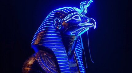 A breathtaking sculpture of the Egyptian god Horus god of the sky and kingship illuminated in neon blue