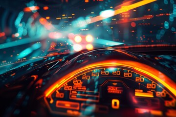 A dramatic angle on a car dashboard with futuristic HUD elements - obrazy, fototapety, plakaty