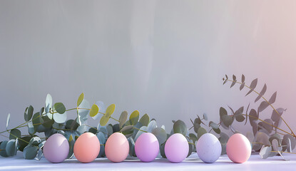 colorful easter eggs on a table with eucalyptus leave