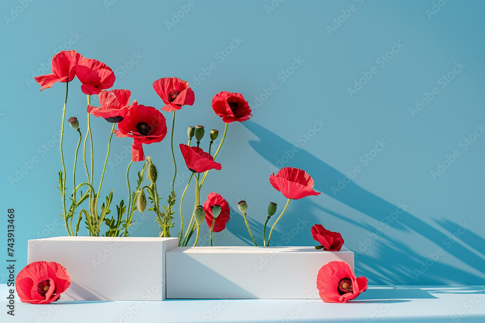 Poster vibrant red poppies with green stems emerging from white blocks on a blue background with copy space
