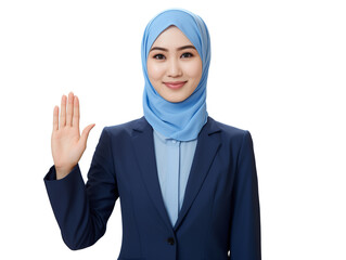 Confident Muslim Businesswoman in Blue Hijab Making Swearing Gesture - Isolated on White Background