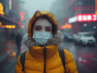 Girl wearing mask for pollution in the city, pm10, air quality