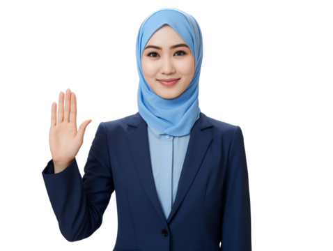 Confident Muslim Businesswoman in Blue Hijab Making Swearing Gesture - Isolated on White Background