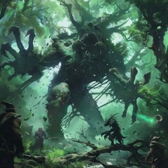 Fototapeta premium Depict a battle raging between a tangle of colossal sentient trees within a magical forest