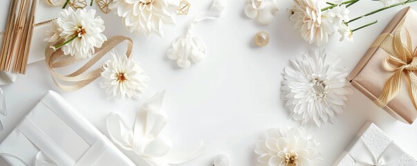 Editorial quality photo of a sleek paper board minimalist birthday with white and gold accents