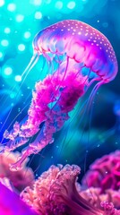 Luminous jellyfish gracefully swimming in a neon lit ocean