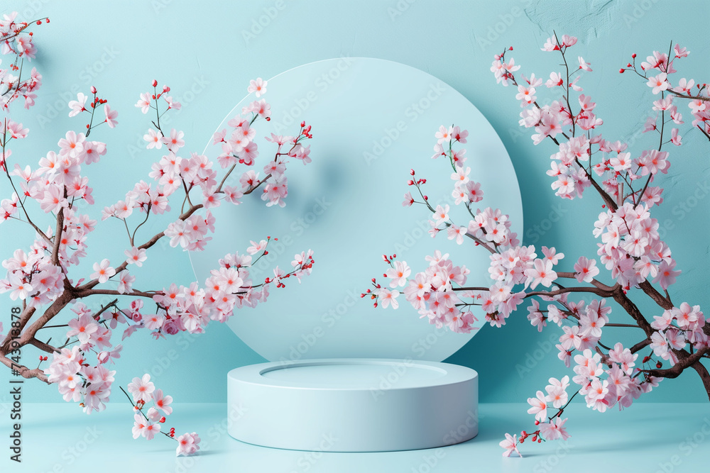 Wall mural Elegant cherry blossom branches on a pastel blue background with circular space for text, ideal for springtime promotions or serene floral-themed design projects