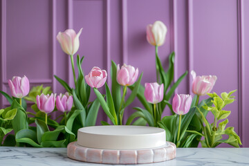 Elegant pink tulips arrangement with a round blank pedestal for display on a marble surface, against a textured purple background, perfect for spring-themed designs with copy space