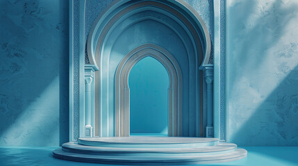 3d arched door podium with a blue background. scene with geometric backdrop.  islamic podium banner for product display, presentation, cosmetic, ramadan sales.