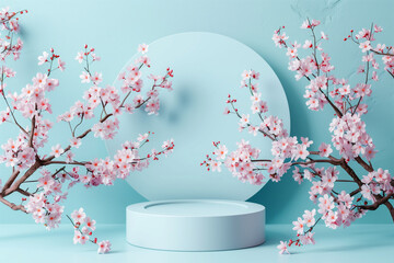 Elegant cherry blossom branches on a pastel blue background with circular space for text, ideal for springtime promotions or serene floral-themed design projects