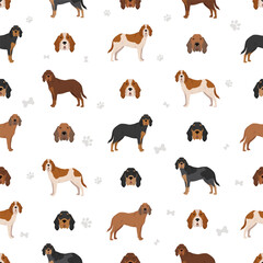 Majestic tree hound seamless pattern. All coat colors set.  All dog breeds characteristics infographic