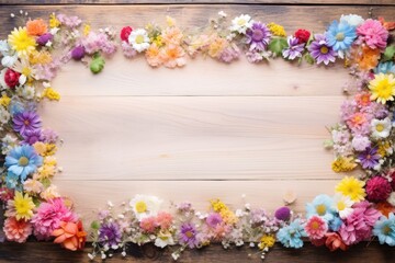 wooden background framed with flowers, place for text, spring is coming, mother's day