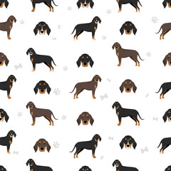 Montenegrin Mountain hound seamless pattern. All coat colors set.  All dog breeds characteristics infographic - obrazy, fototapety, plakaty