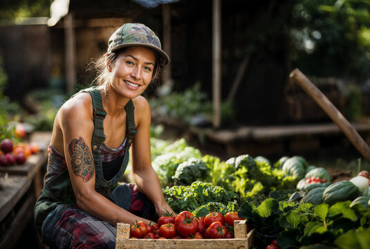 A smiling portrait of a forty-something tattooed gardener in her greenhouse, who has just harvested her organic tomatoes. Generative ai