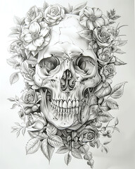 Human skull with flowers. Black and white illustration. Illustration for design of tattoos, stickers, posters, drawing books.