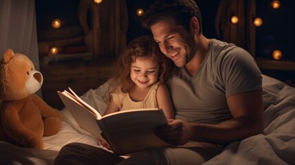 Father reading bedtime story to her little child