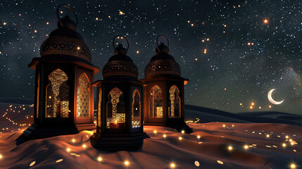 three arabian lanterns in the sand with crescent moon and twinkling stars. ramadan kareem holiday celebration concept