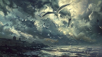 A flock of seagulls circling above a bustling harbor, their plaintive cries echoing against the backdrop of a stormy sky heavy with dark clouds, a harbinger of impending inclement weather.