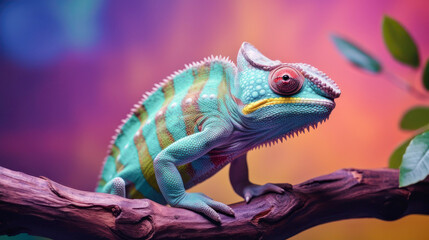 A beautiful multicolored chamelion sits on a branch
