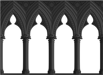 Gothic decorated arcade painting. Grey scale illustration of ornamented triforium; vector