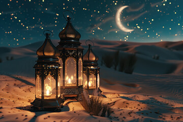 three arabian lanterns in the sand with crescent moon and twinkling stars. ramadan kareem holiday celebration concept