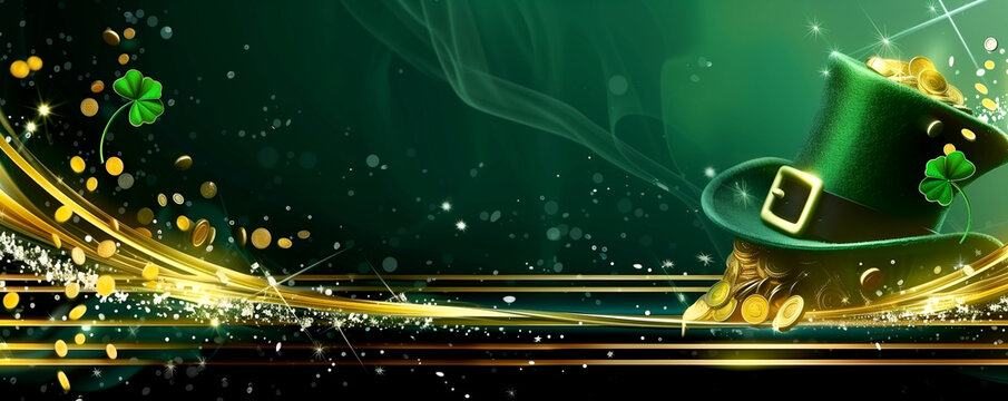 St. Patrick's Day Holiday Promotion Banner. A charming St. Patrick's Day setting featuring a traditional leprechaun hat with clovers on a glittery background